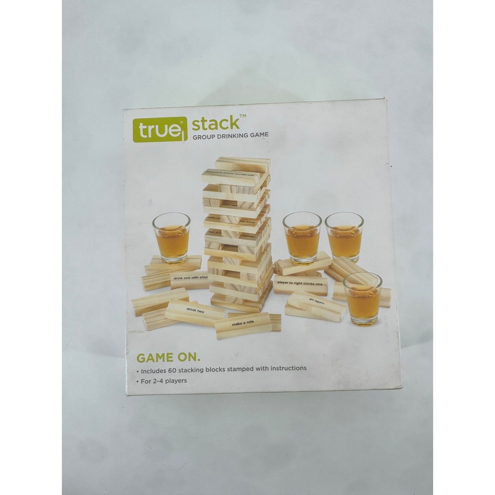 True Stack Group Drinking Game Wood Stacking Blocks with 4 Shot Glasses 60 Pcs